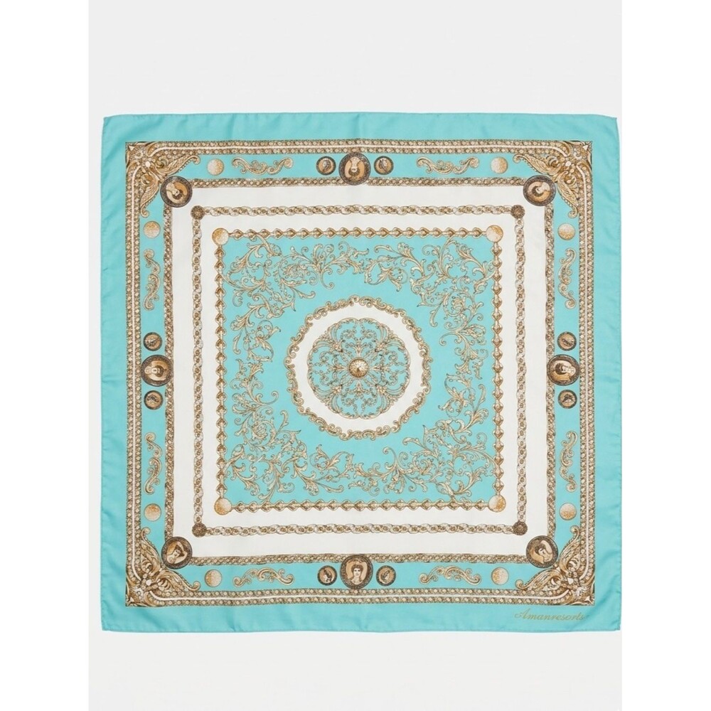 Vintage Monaco-Monte Carlo Teal Blue Gold Baroque Square Scarf Made in Italy